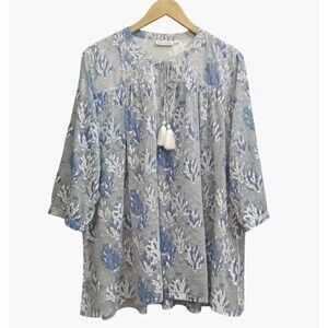 Roller Rabbit Sz. L Cotton Lightweight 3/4 Sleeve Tie Neck Popover Top